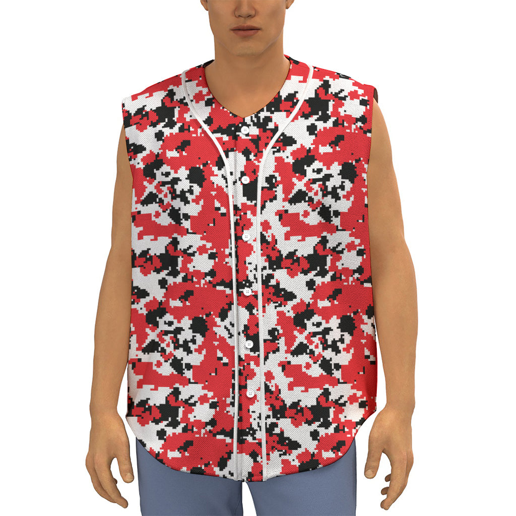 Red White And Black Digital Camo Print Sleeveless Baseball Jersey
