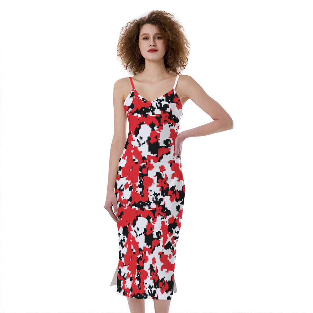 Red White And Black Digital Camo Print Slim Fit Midi Cami Dress