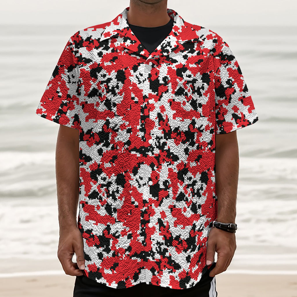 Red White And Black Digital Camo Print Textured Short Sleeve Shirt