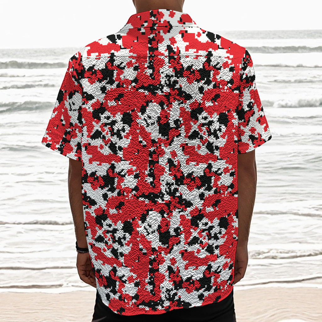 Red White And Black Digital Camo Print Textured Short Sleeve Shirt
