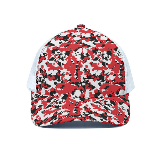 Red White And Black Digital Camo Print White Mesh Trucker Cap