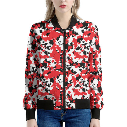 Red White And Black Digital Camo Print Women's Bomber Jacket
