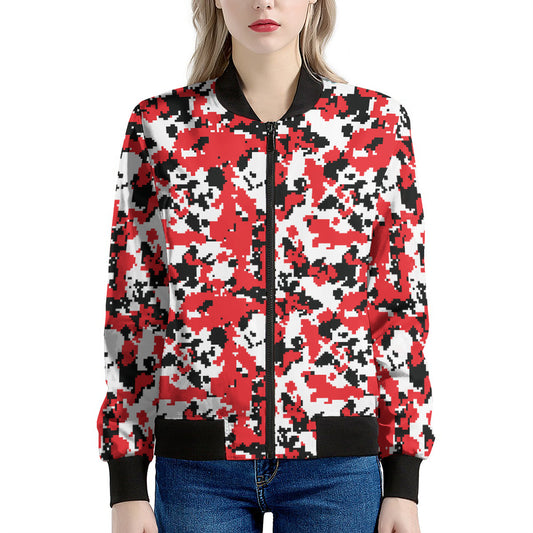 Red White And Black Digital Camo Print Women's Bomber Jacket