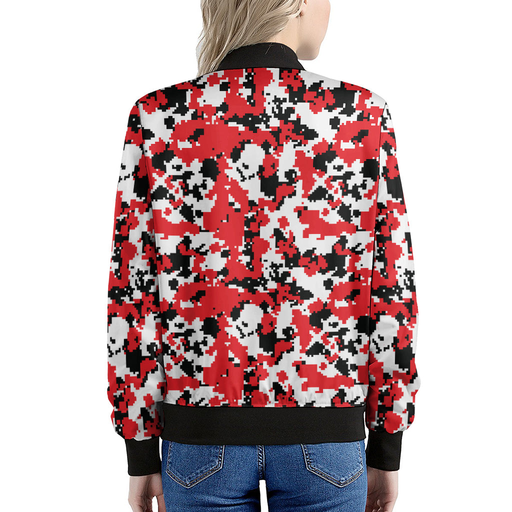 Red White And Black Digital Camo Print Women's Bomber Jacket