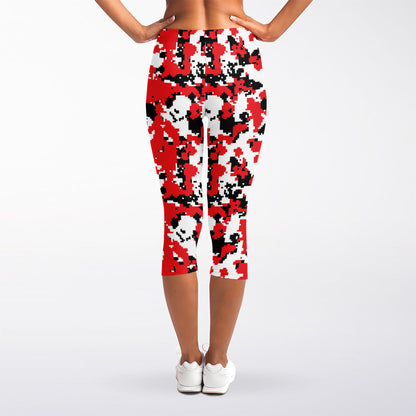 Red White And Black Digital Camo Print Women's Capri Leggings