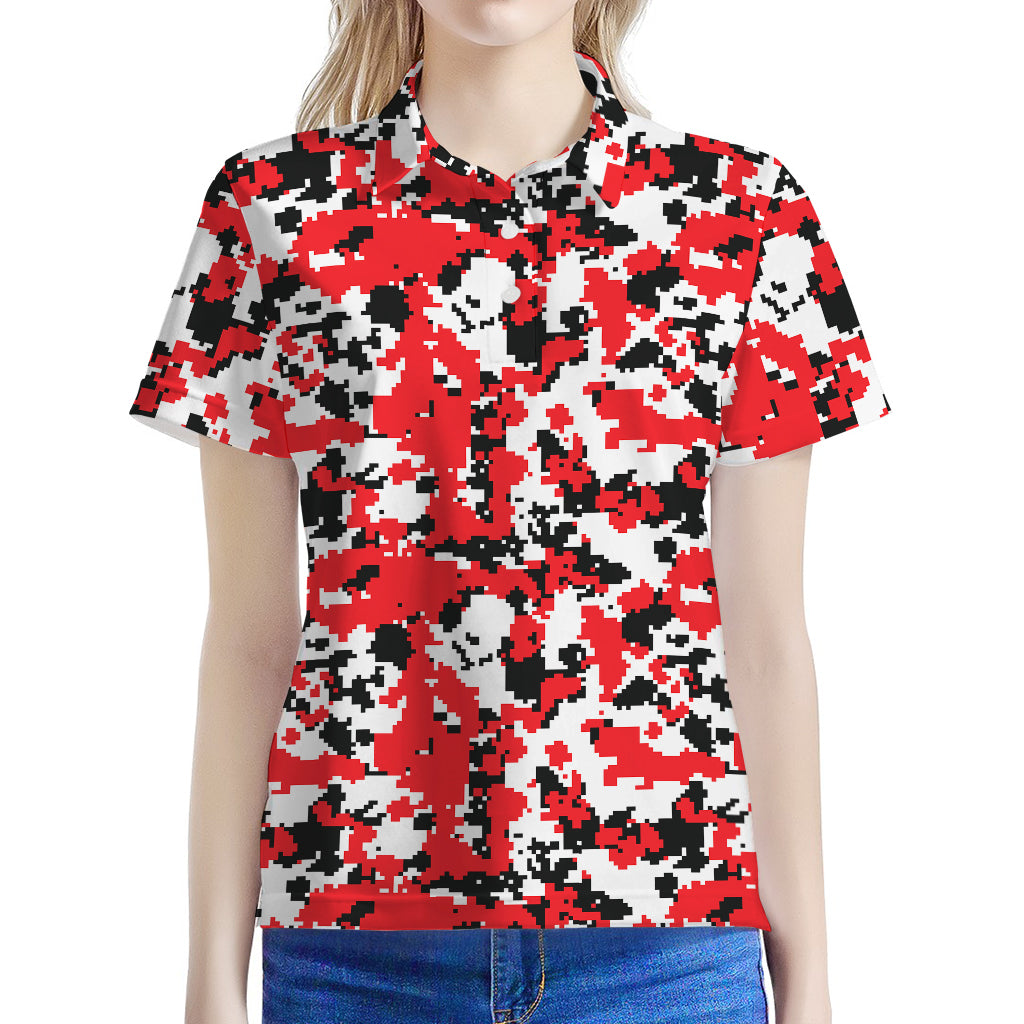 Red White And Black Digital Camo Print Women's Polo Shirt