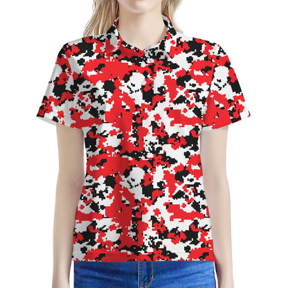Red White And Black Digital Camo Print Women's Polo Shirt