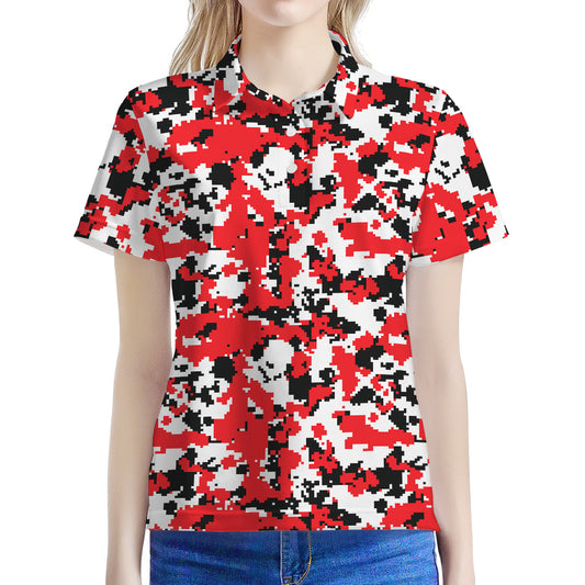 Red White And Black Digital Camo Print Women's Polo Shirt