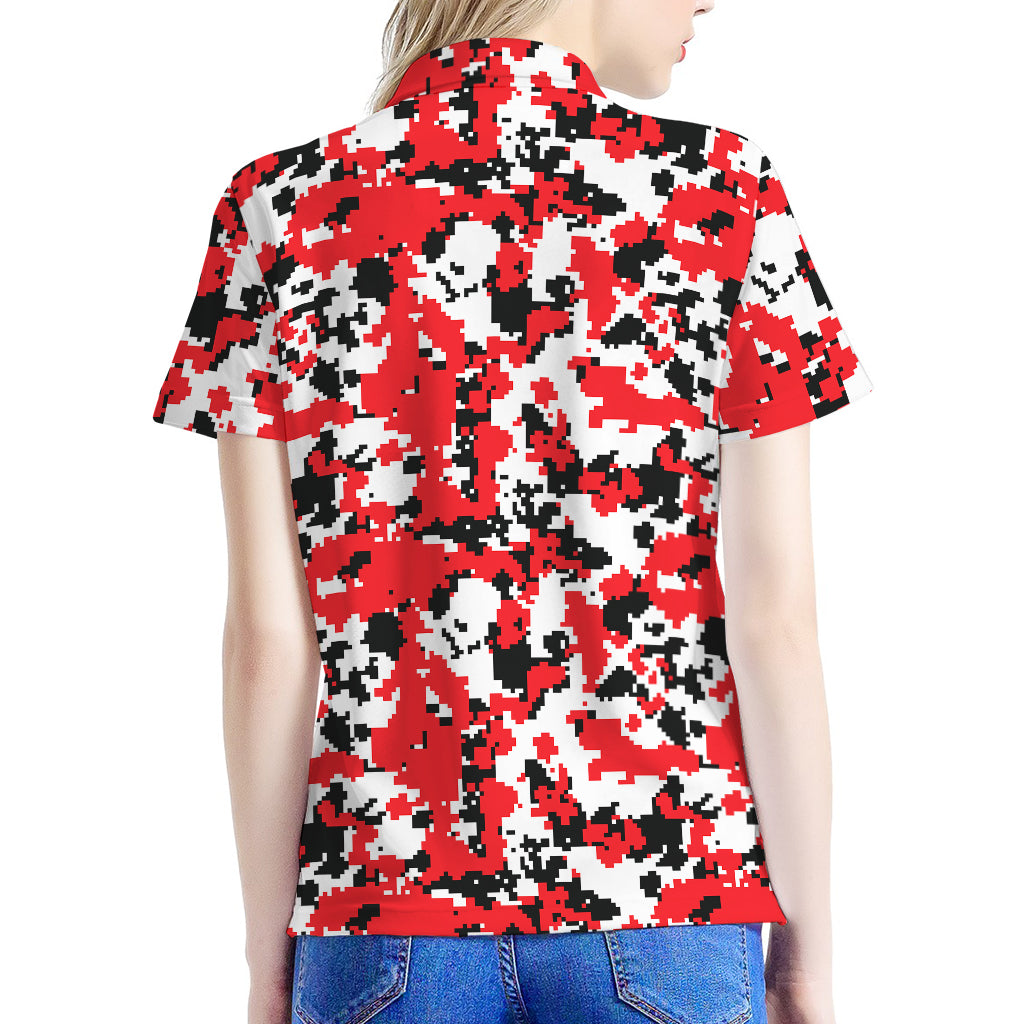 Red White And Black Digital Camo Print Women's Polo Shirt