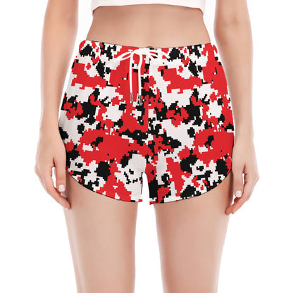 Red White And Black Digital Camo Print Women's Split Running Shorts