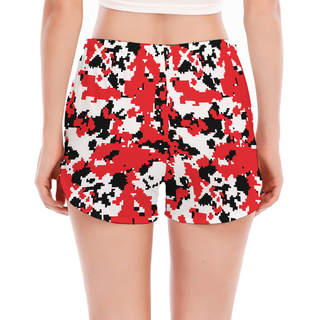 Red White And Black Digital Camo Print Women's Split Running Shorts