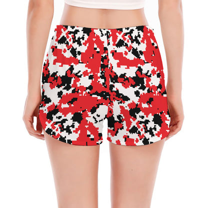 Red White And Black Digital Camo Print Women's Split Running Shorts