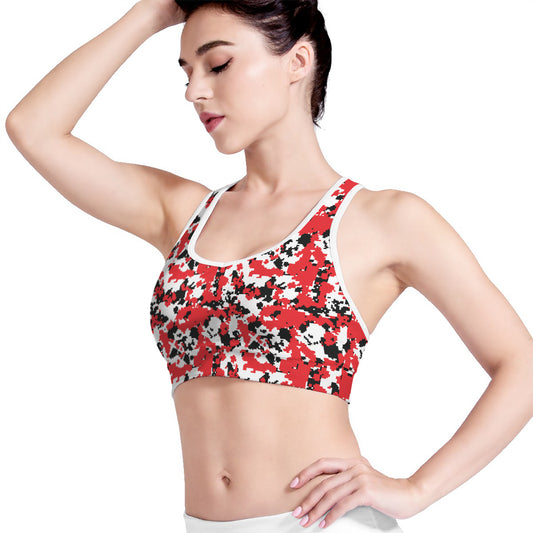 Red White And Black Digital Camo Print Women's Sports Bra