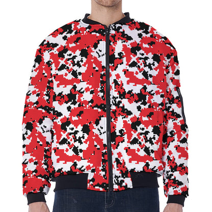 Red White And Black Digital Camo Print Zip Sleeve Bomber Jacket