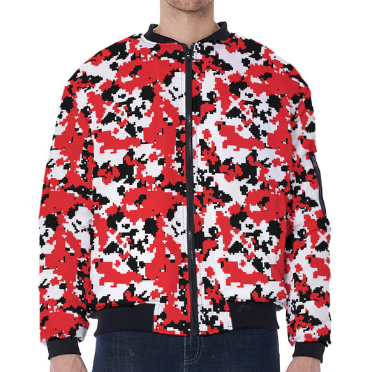 Red White And Black Digital Camo Print Zip Sleeve Bomber Jacket