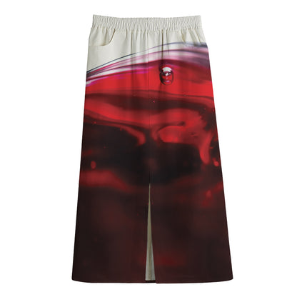 Red Wine Print Cotton Front Slit Maxi Skirt