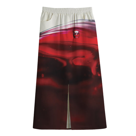 Red Wine Print Cotton Front Slit Maxi Skirt
