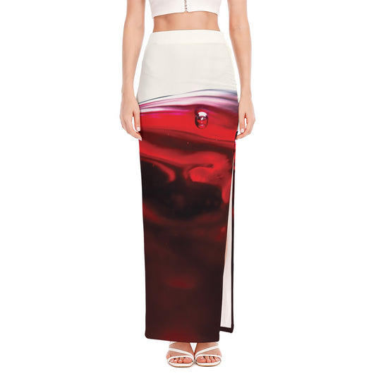 Red Wine Print High Slit Maxi Skirt