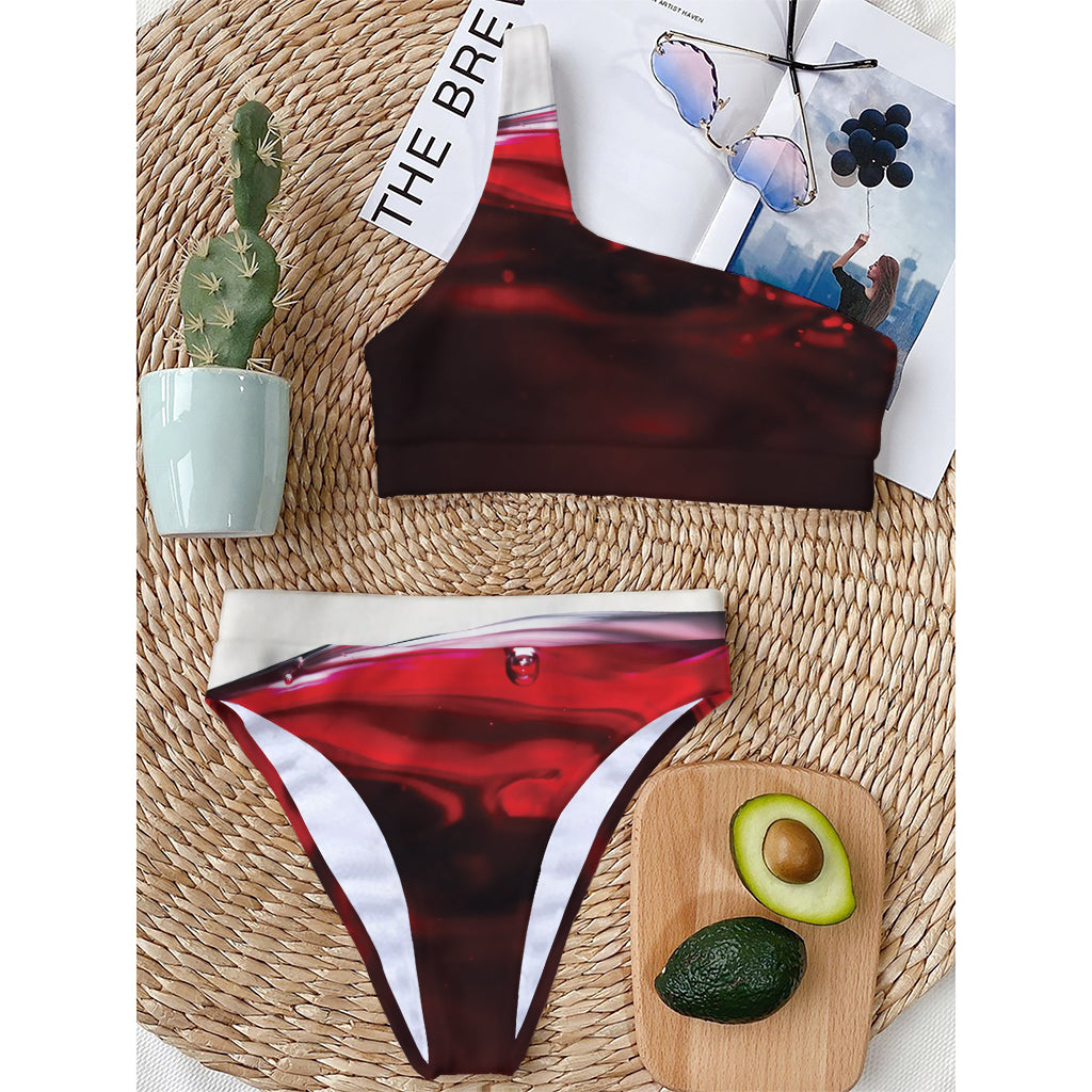 Red Wine Print One Shoulder Bikini Top