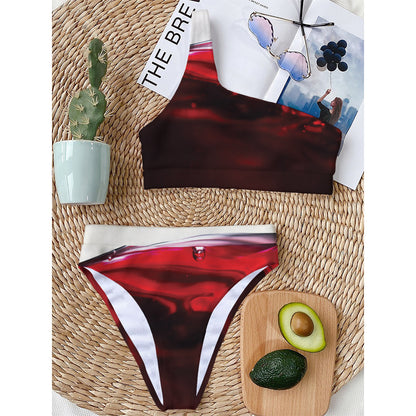 Red Wine Print One Shoulder Bikini Top