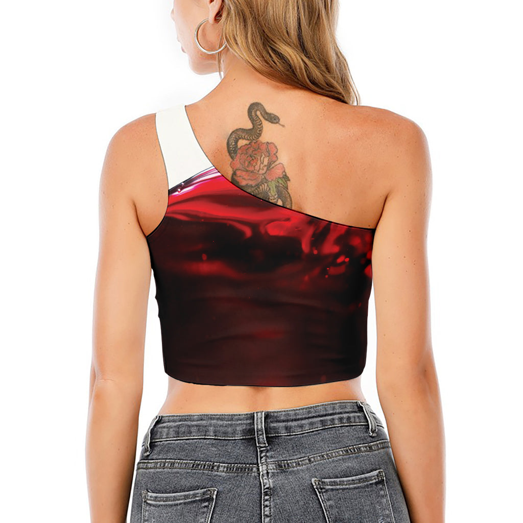 Red Wine Print One Shoulder Crop Top