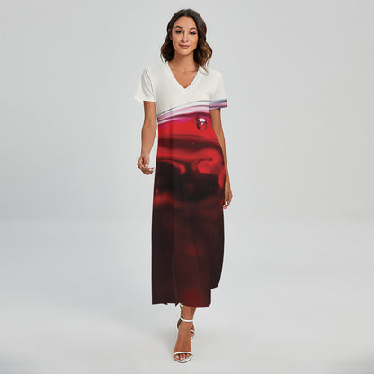 Red Wine Print Short Sleeve Maxi Dress