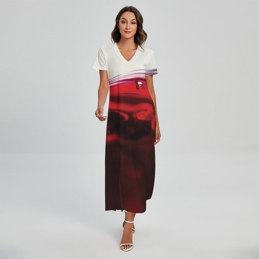 Red Wine Print Short Sleeve Maxi Dress