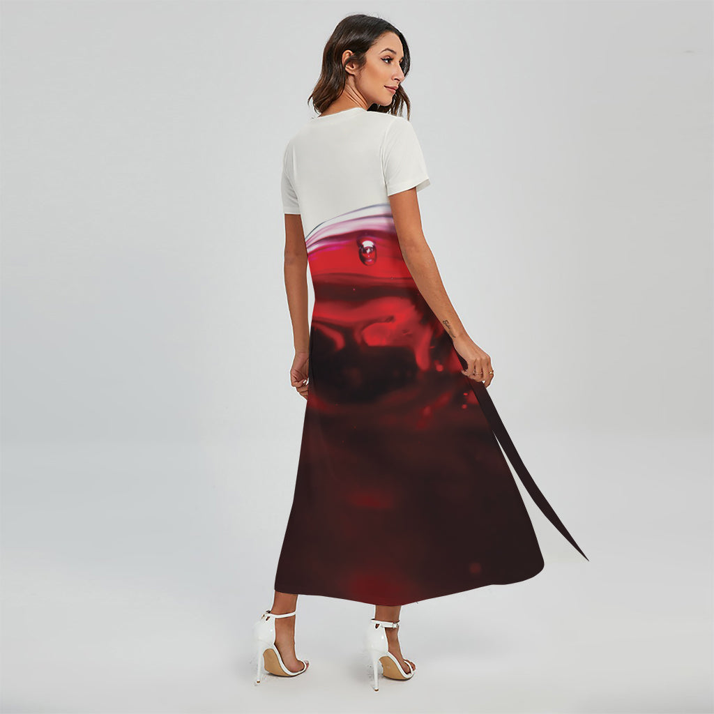 Red Wine Print Short Sleeve Maxi Dress