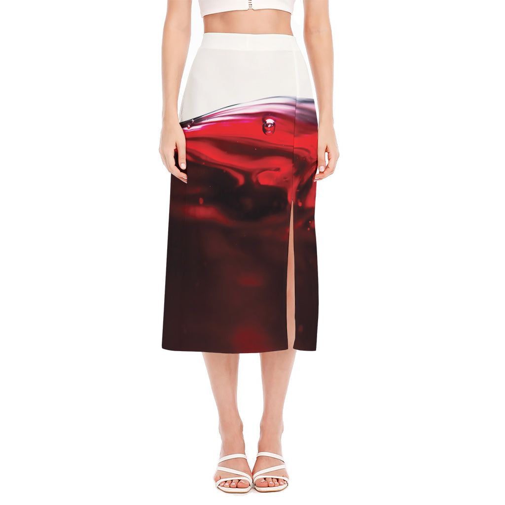 Red Wine Print Side Slit Midi Skirt