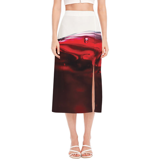 Red Wine Print Side Slit Midi Skirt