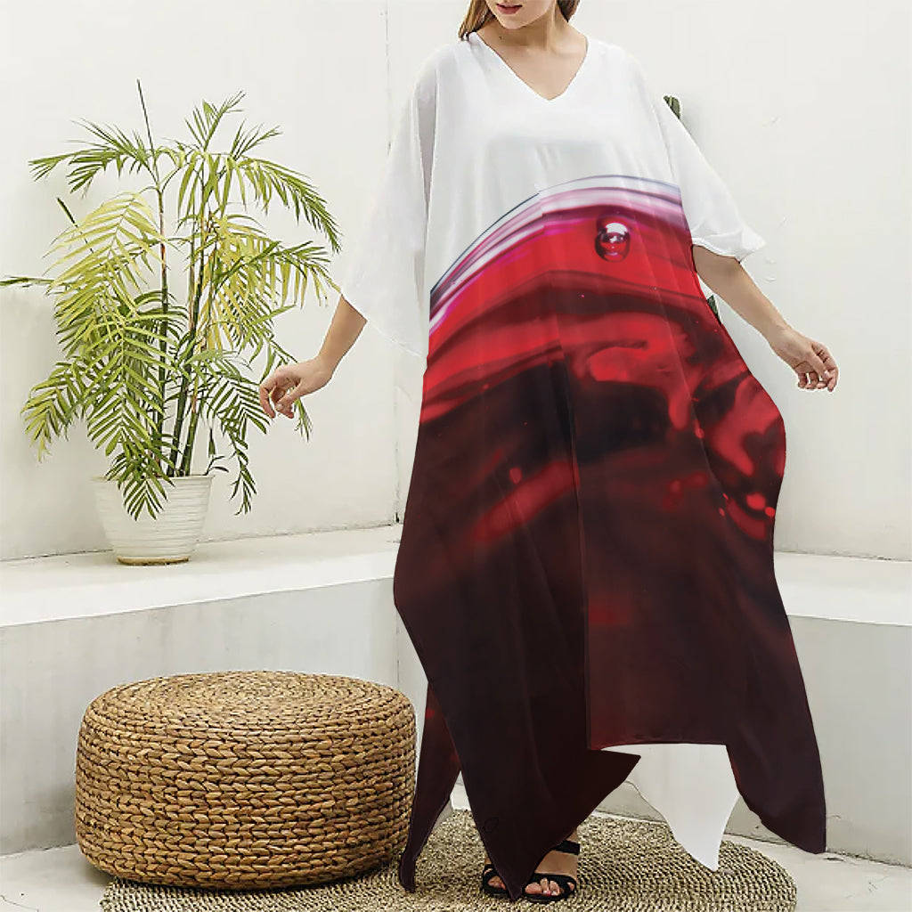 Red Wine Print Silk V-Neck Kaftan Dress