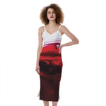 Red Wine Print Slim Fit Midi Cami Dress