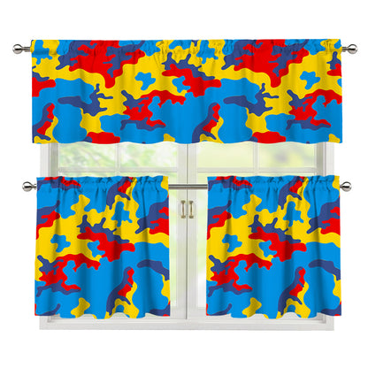 Red Yellow And Blue Camouflage Print 3 Piece Kitchen Curtains