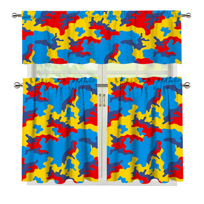 Red Yellow And Blue Camouflage Print 3 Piece Kitchen Curtains