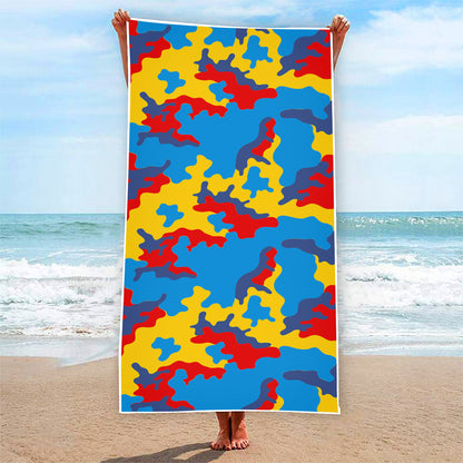 Red Yellow And Blue Camouflage Print Beach Towel