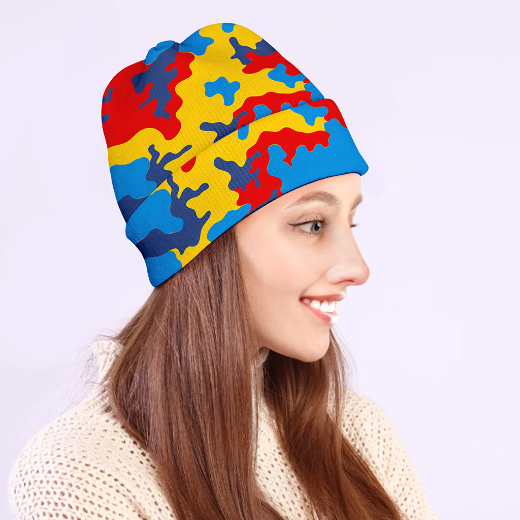 Red Yellow And Blue Camouflage Print Beanie