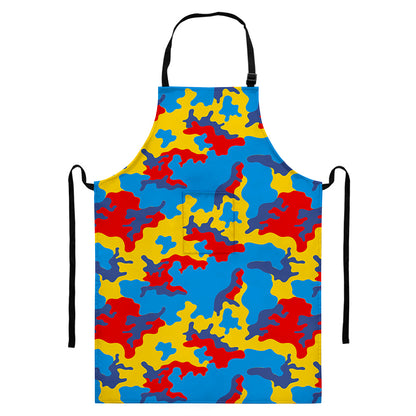 Red Yellow And Blue Camouflage Print Bib Apron With Pocket