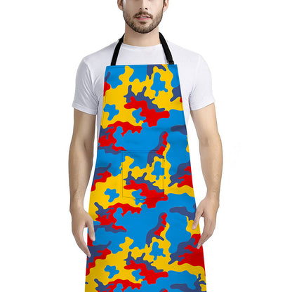 Red Yellow And Blue Camouflage Print Bib Apron With Pocket