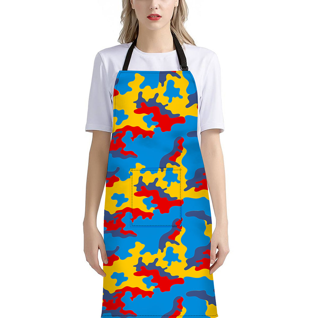Red Yellow And Blue Camouflage Print Bib Apron With Pocket