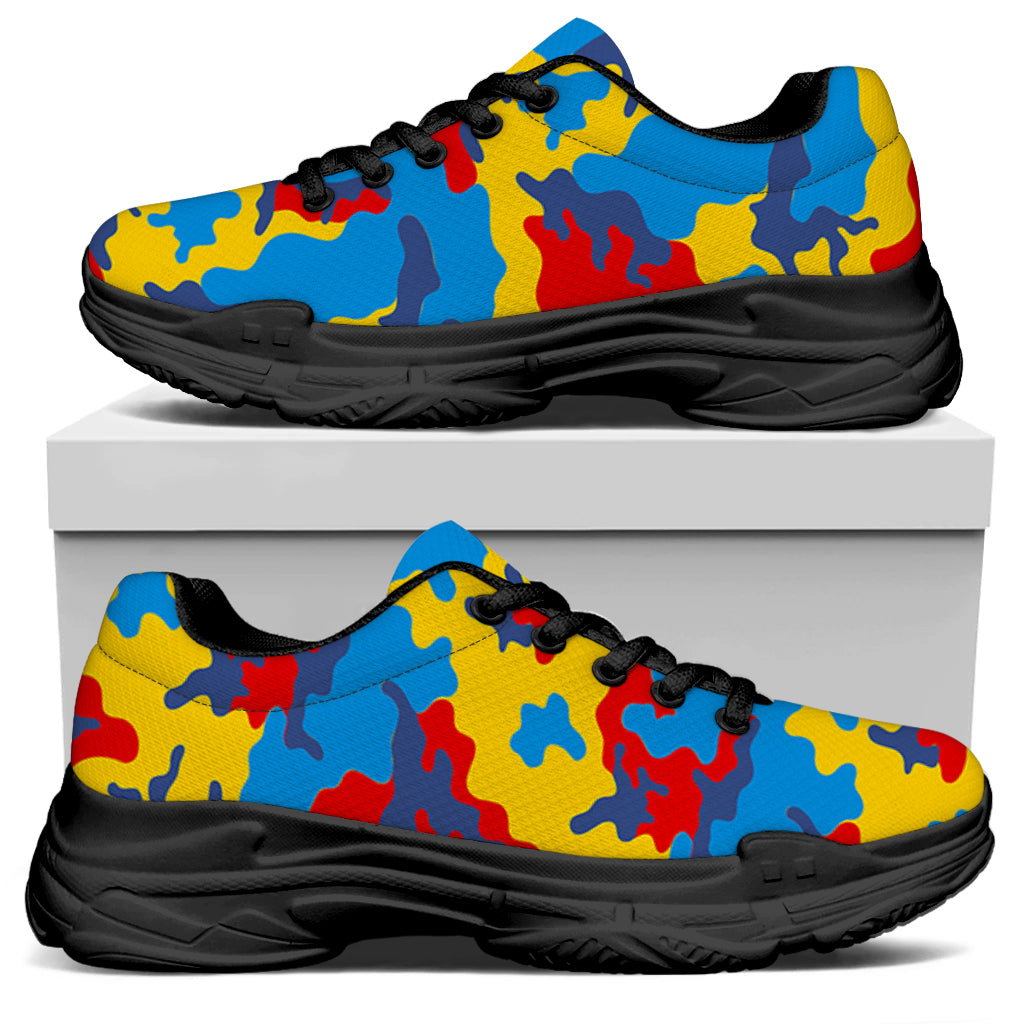 Red Yellow And Blue Camouflage Print Black Chunky Shoes