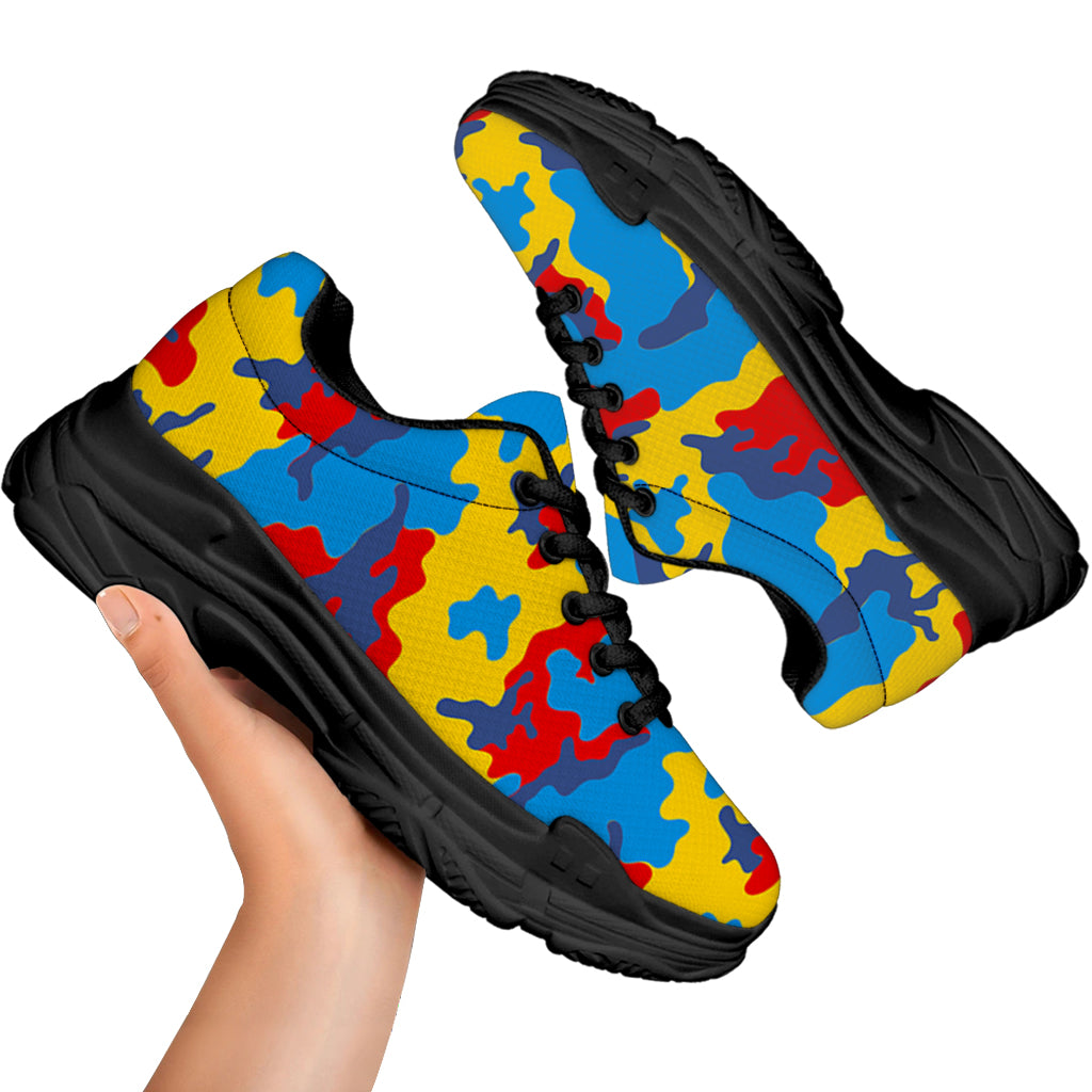 Red Yellow And Blue Camouflage Print Black Chunky Shoes