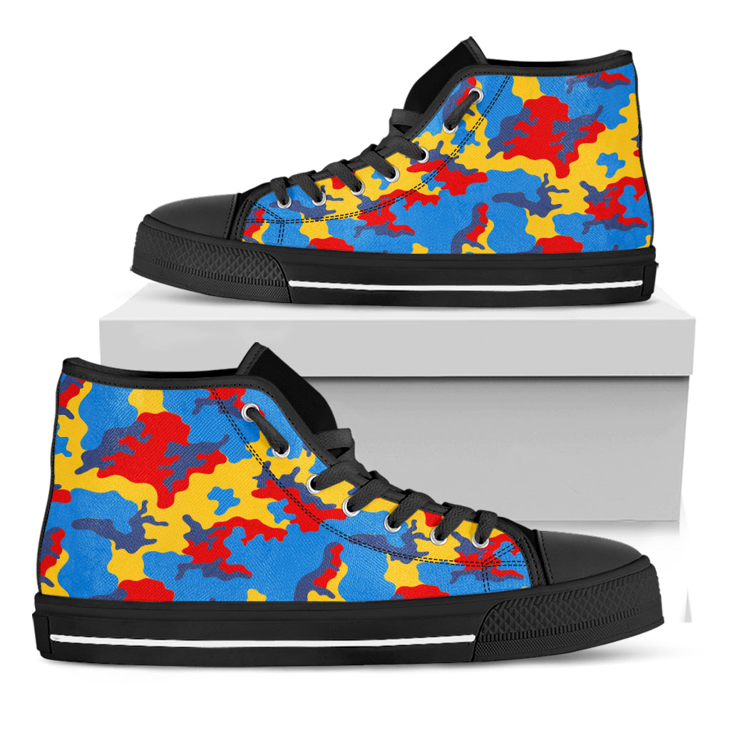 Red Yellow And Blue Camouflage Print Black High Top Sneakers