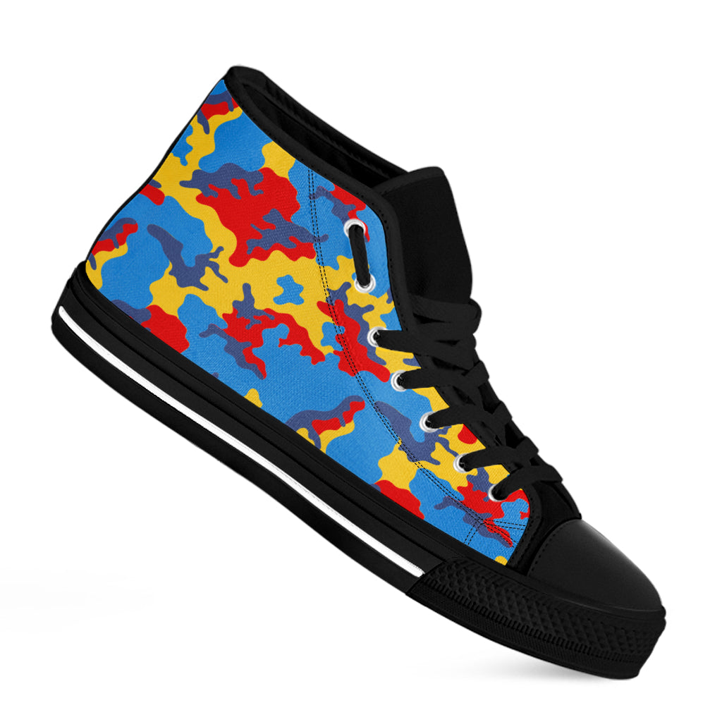 Red Yellow And Blue Camouflage Print Black High Top Sneakers