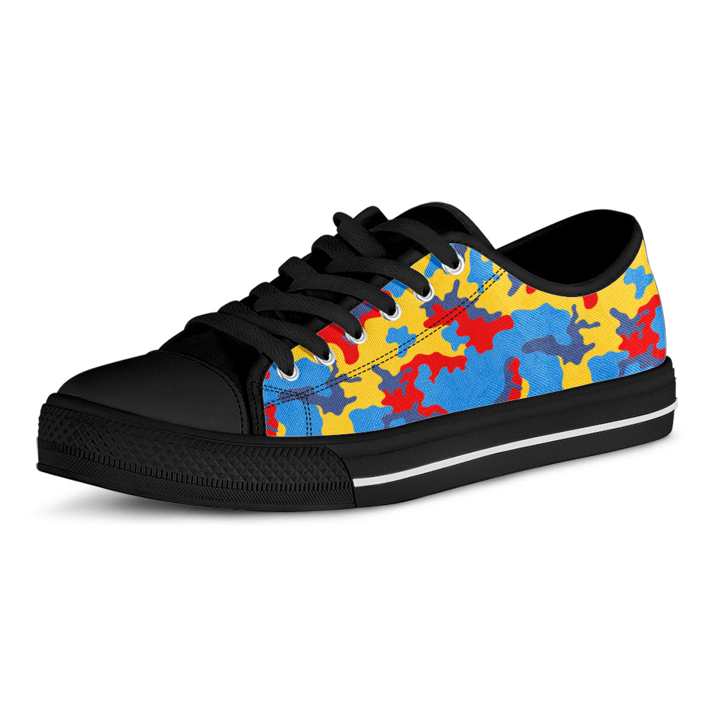 Red Yellow And Blue Camouflage Print Black Low Top Sneakers
