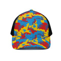 Red Yellow And Blue Camouflage Print Black Mesh Trucker Hat