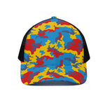 Red Yellow And Blue Camouflage Print Black Mesh Trucker Cap