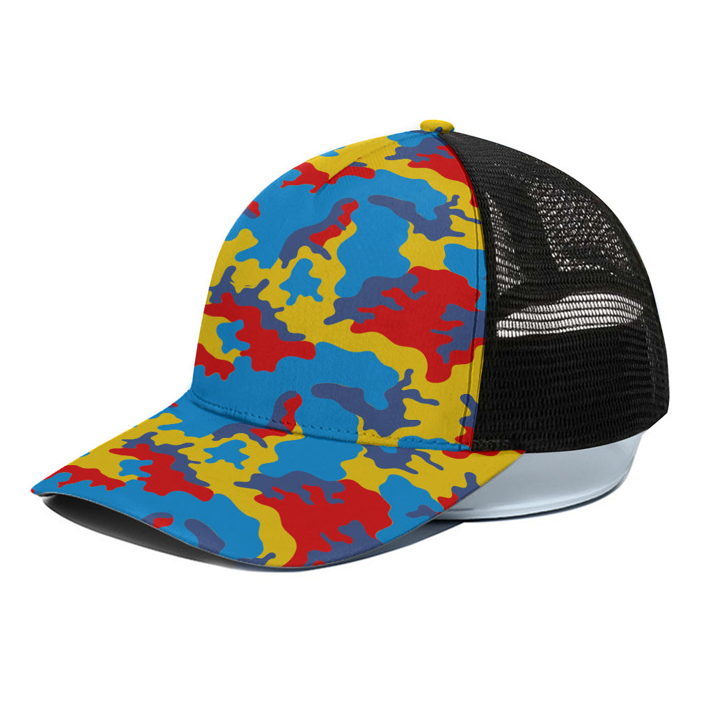 Red Yellow And Blue Camouflage Print Black Mesh Trucker Cap