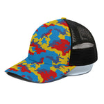 Red Yellow And Blue Camouflage Print Black Mesh Trucker Cap