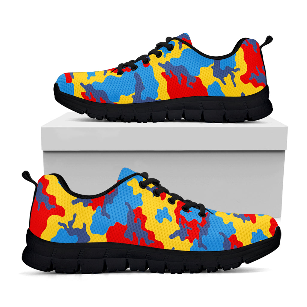 Red Yellow And Blue Camouflage Print Black Running Shoes