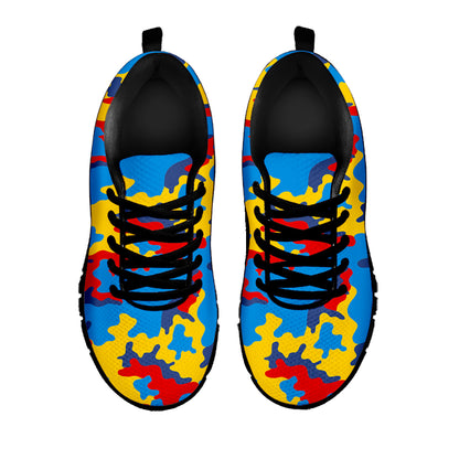 Red Yellow And Blue Camouflage Print Black Running Shoes